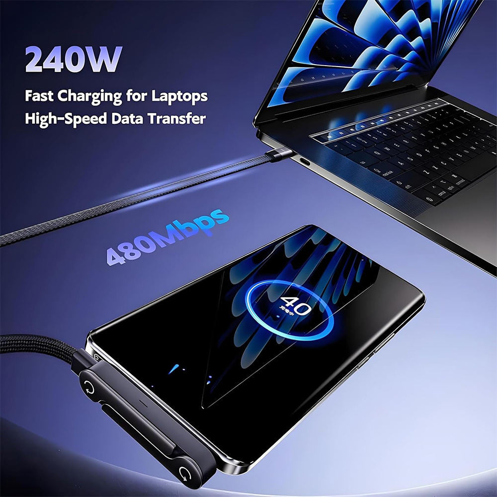 240W Fast Charging Cable with Foldable Phone Stand – 360° Rotating Design