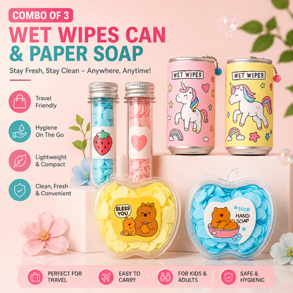 Combo of 3 – Cute Travel Wet Wipes &amp; Paper Soap Kit
