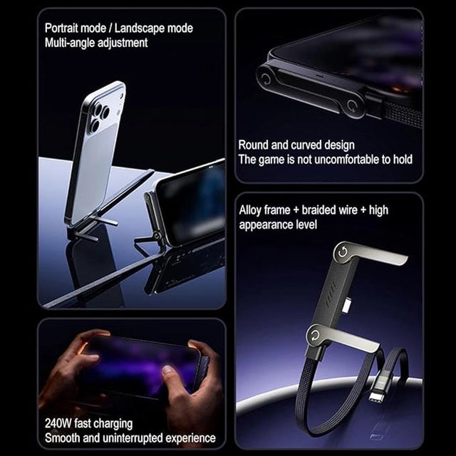 240W Fast Charging Cable with Foldable Phone Stand – 360° Rotating Design